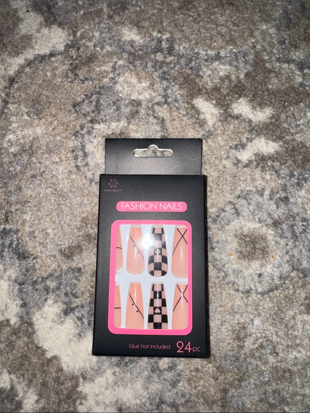 24pc Peach Pink and Black Checkered Press-On Nails